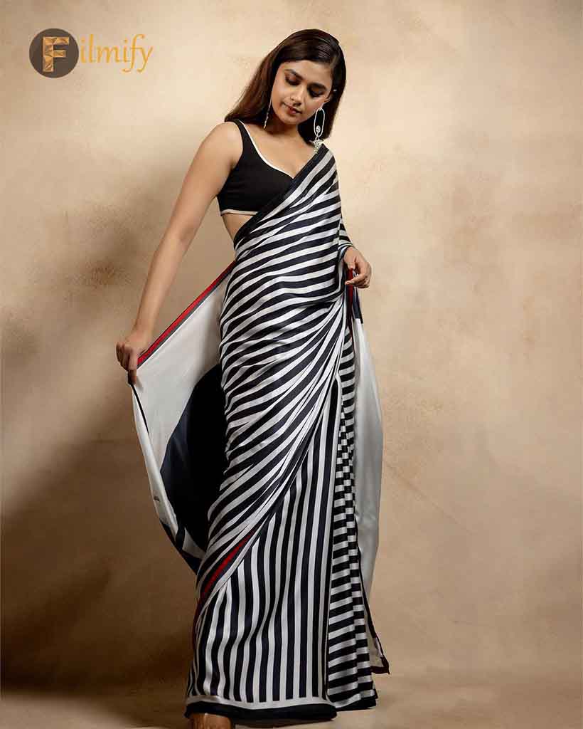 Keerthy Suresh posed elegantly in a black and white saree.